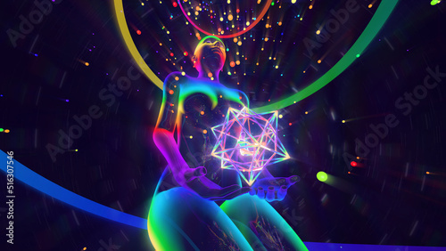 3d illustration of a meditating yogi inside an astral projection of a sacred object in the hands of a supreme being