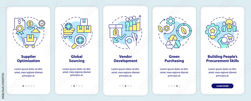 Purchasing strategies onboarding mobile app screen. Optimization walkthrough 5 steps editable graphic instructions with linear concepts. UI, UX, GUI template. Myriad Pro-Bold, Regular fonts used Purchasing strategies onboarding mobile app screen. Optimization walkthrough 5 steps editable graphic instructions with linear concepts. UI, UX, GUI template. Myriad Pro-Bold, Regular fonts used