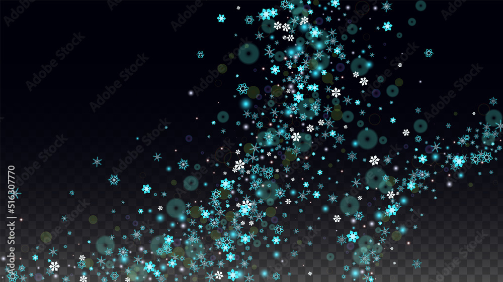 Christmas Vector Background with Falling Snowflakes  Isolated on Transparent Background. Realistic Snow Sparkle Pattern. Snowfall Overlay Print. Winter Sky. Realistic Snow. Happy Christmas, New Year.