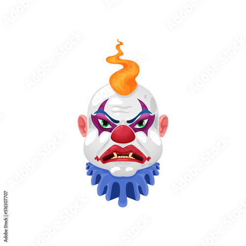 Scary clown face isolated cartoon funster mask with makeup. Vector horror citrus monster with red nose, angry eyes and creepy smile with sharp teeth. Halloween party character emoticon, emoji creature photo