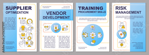 Core purchasing strategies blue brochure template. Risk management. Leaflet design with linear icons. Editable 4 vector layouts for presentation, annual reports. Arial, Myriad Pro-Regular fonts used