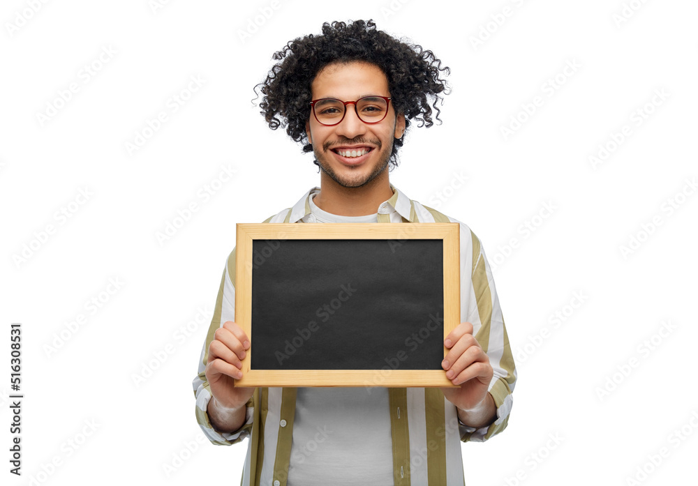 people concept - smiling young man in glasses holding chalkboard over white background people concept - smiling young man in glasses holding chalkboard over white background