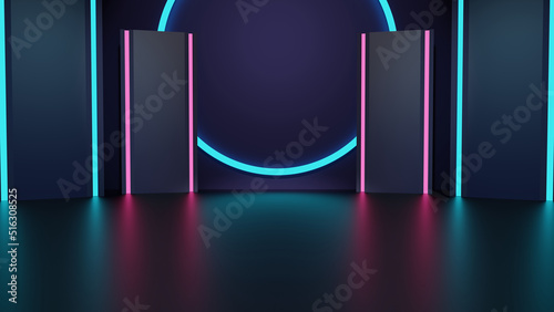 青とピンクのネオンライトのステージ 3DCG 背景