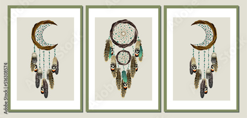 Set of vector dreamcathers in boho style. Mystical interiors. 