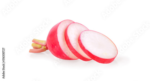 Fresh red radishes slice on white background.