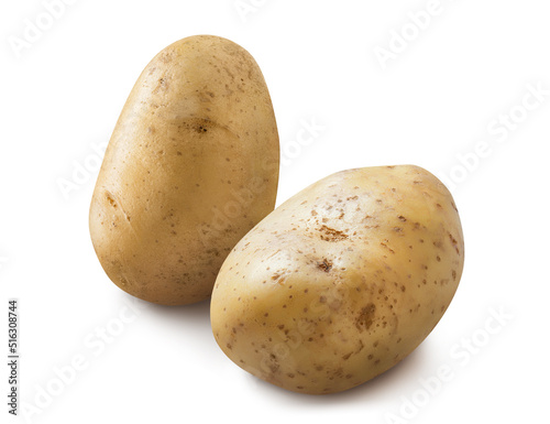Close-up of two potatoes, isolated on white background