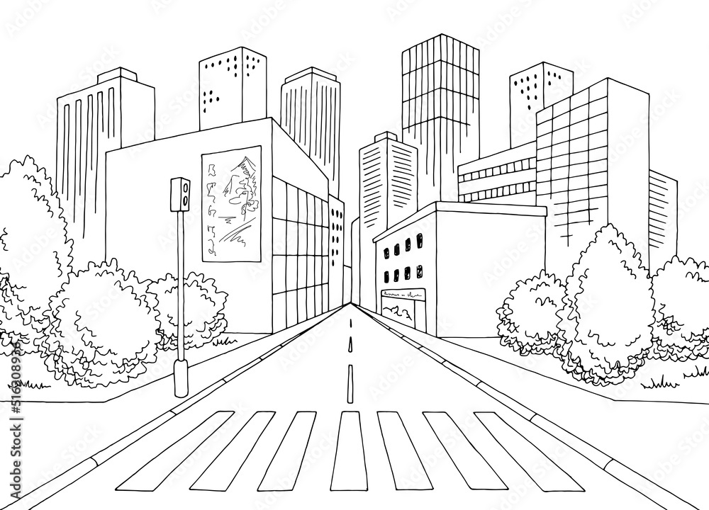 Crosswalk street road graphic black white city landscape sketch illustration vector 