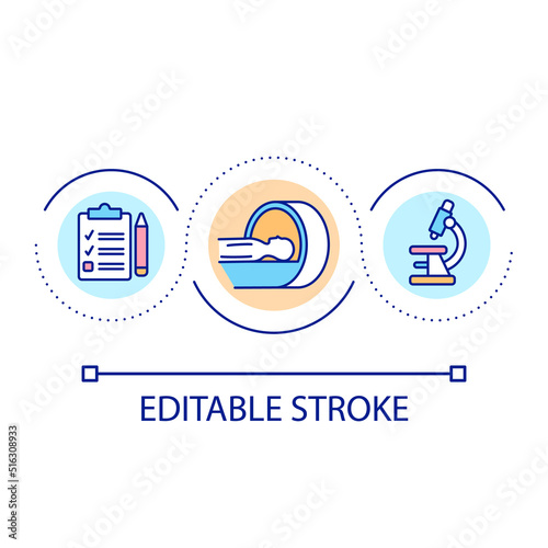Medical checkup loop concept icon. Patient screening. Laboratory research. Healthcare abstract idea thin line illustration. Isolated outline drawing. Editable stroke. Arial font used