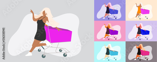A set of ethnic girls in a supermarket. A girl with a shopping cart in the supermarket poses while shopping. Stock flat vector illustration.