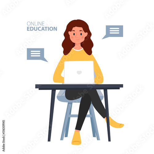 Young woman with laptop. Online education, home schooling. Video tutorial. E-learning, training and courses, learning. Vector illustration.