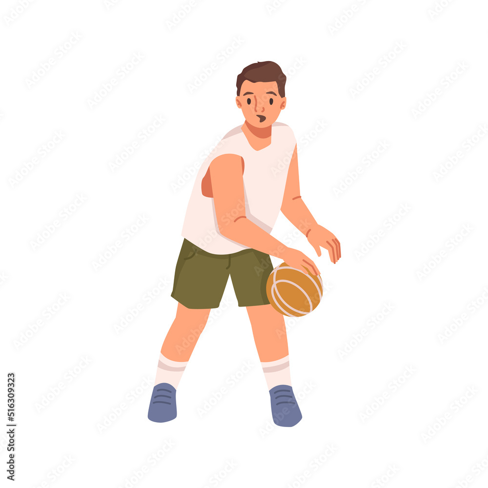 Young boy basketball player with ball isolated flat cartoon character. Vector illustration of small pupil playing basketball in sportswear uniform, active hobby sport