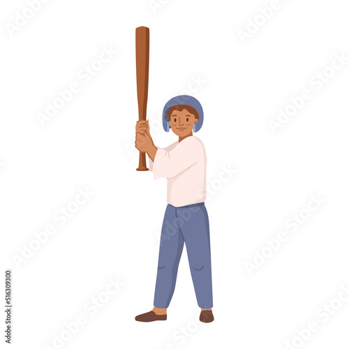 Baseball player cartoon character in protective helmet and bat, young sportive athlete. Vector illustration of pitcher hitting ball, sport league championship player