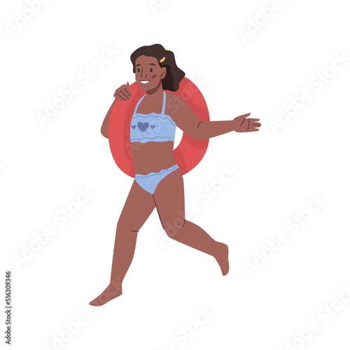 Afro american teenager in swimwear with inflatable circle on vacation day, beach activities. Vector happy cute girl in swimsuit holding inflatable rubber ring having fun on summer time © Sensvector