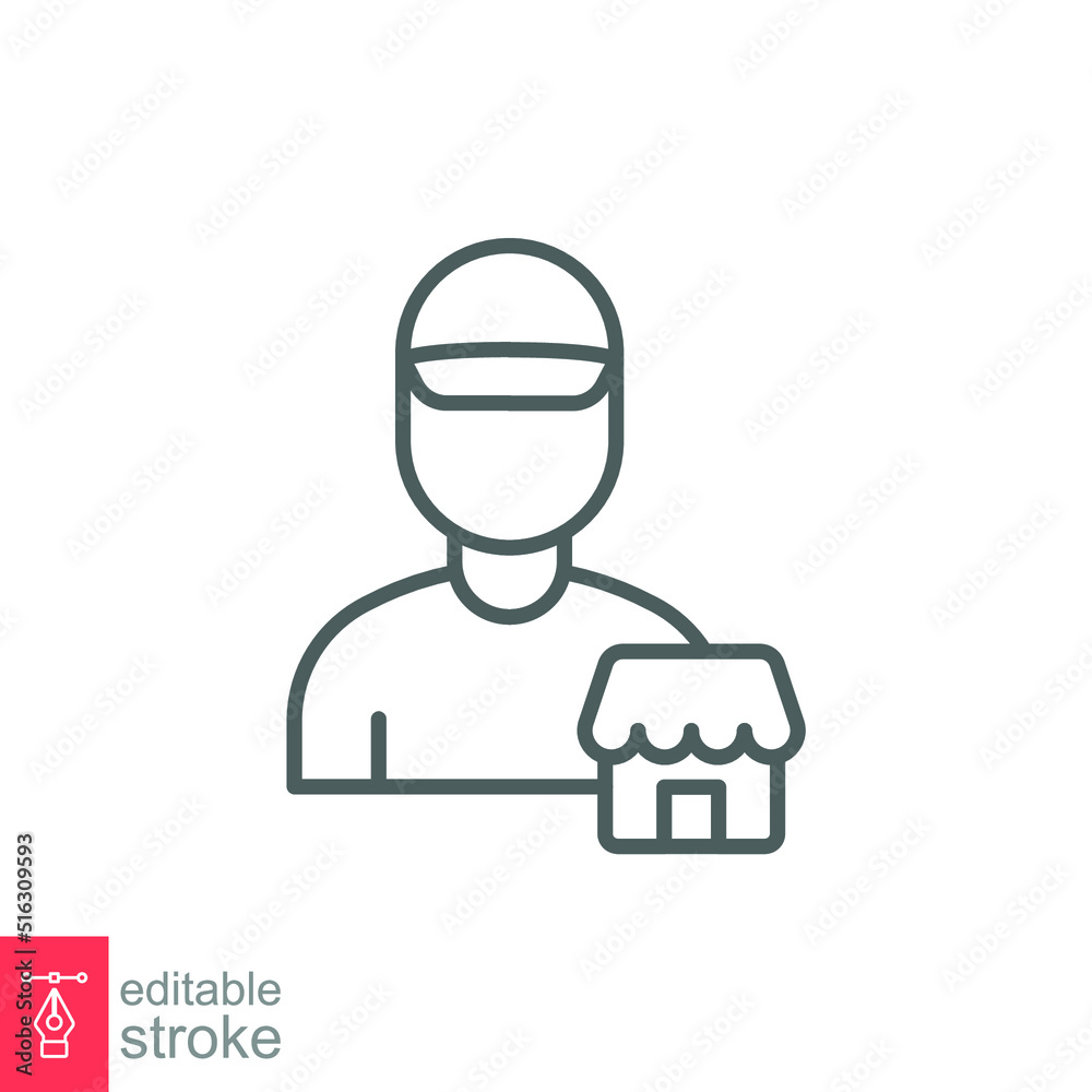 Seller vendor line icon. Simple outline style. Shop, market, business concept. Black and white symbol. Vector illustration isolated on white background. Editable stroke EPS 10 Seller vendor line icon. Simple outline style. Shop, market, business concept. Black and white symbol. Vector illustration isolated on white background. Editable stroke EPS 10