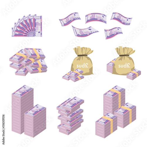 Sudanese Pound Vector Illustration. Huge packs of Sudan money set bundle banknotes. Bundle with cash bills. Deposit, wealth, accumulation and inheritance. Falling money 500 SDG.
