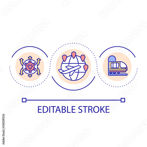 Travelling and tourism loop concept icon. Virus spreading. Contagious infection outbreak abstract idea thin line illustration. Isolated outline drawing. Editable stroke. Arial font used