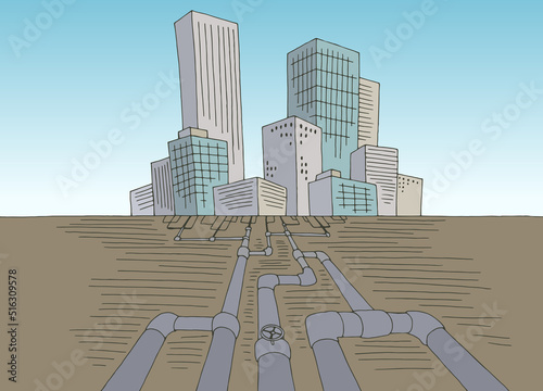 Sewerage under city graphic color cityscape skyline sketch illustration vector