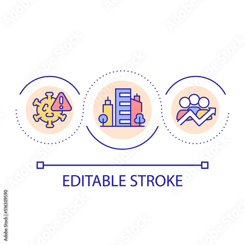Virus spreading in city loop concept icon. Public health. Infected people. Epidemiology abstract idea thin line illustration. Isolated outline drawing. Editable stroke. Arial font used