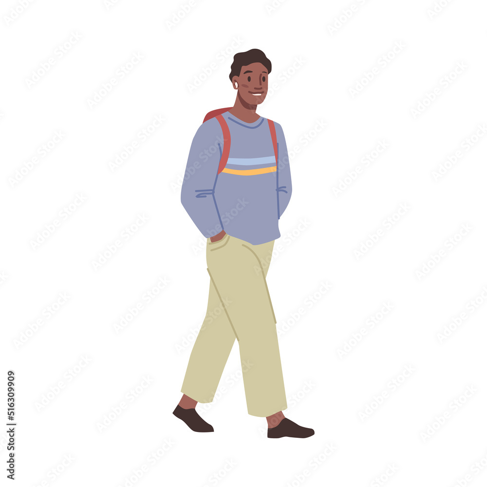 Woman in casual cloth walks with backpack, happy lifestyle of attractive female person. Vector stylish young girl walking, positive lady in trendy wear with rucksack Woman in casual cloth walks with backpack, happy lifestyle of attractive female person. Vector stylish young girl walking, positive lady in trendy wear with rucksack
