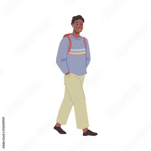 Woman in casual cloth walks with backpack, happy lifestyle of attractive female person. Vector stylish young girl walking, positive lady in trendy wear with rucksack