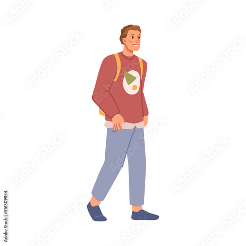 Man in casual cloth walks with backpack, happy lifestyle of attractive male person. Vector stylish young boy walking, positive guy in trendy wear with rucksack, fashionable student