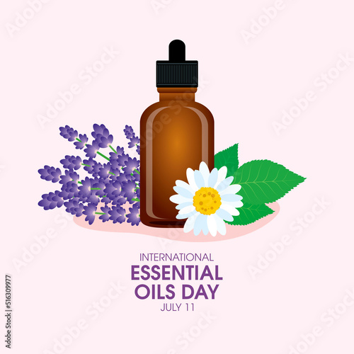 International Essential Oils Day vector. Brown glass bottle of essential oil with lavender flowers icon vector. Nature fragrance oil vial with a dropper vector illustration. July 11. Important day