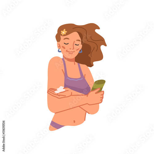 Female personage caring for skin, sunblock or sunscreen applying. Woman by seaside or beach, skincare and health. Flat cartoon character, vector illustration