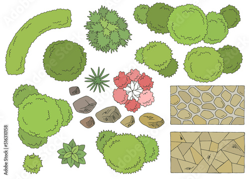 Landscape architect design element set graphic color top sketch aerial view isolated illustration vector 