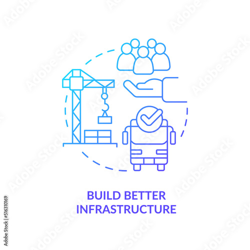 Build better infrastructure blue gradient concept icon. City development. Reduction of overcrowding abstract idea thin line illustration. Isolated outline drawing. Myriad Pro-Bold fonts used