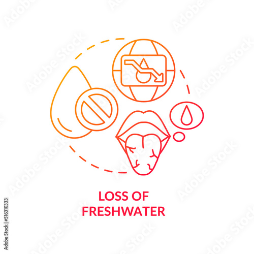 Loss of freshwater red gradient concept icon. Natural resources. Negative effect of overpopulation abstract idea thin line illustration. Isolated outline drawing. Myriad Pro-Bold fonts used