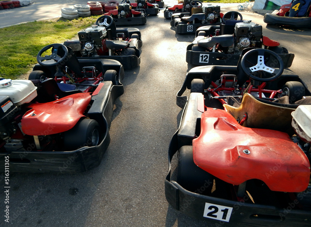 Karting Cars Ready To Racing On A Outdoor GoKart Circuit Stock Photo
