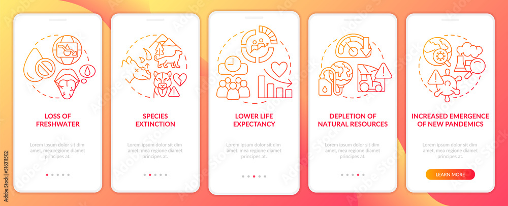 Human overpopulation red gradient onboarding mobile app screen set. Walkthrough 5 steps graphic instructions with linear concepts. UI, UX, GUI template. Myriad Pro-Bold, Regular fonts used
