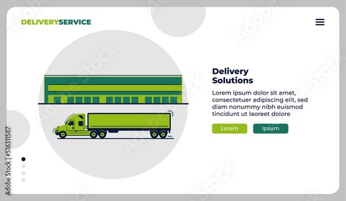 Delivery service company, landing page template with flat vector illustration of big semi delivery truck and a warehouse behind as a cargo delivery concept.