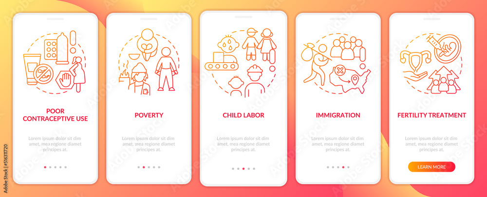 Causes of overpopulation red gradient onboarding mobile app screen. Reasons walkthrough 5 steps graphic instructions with linear concepts. UI, UX, GUI template. Myriad Pro-Bold, Regular fonts used