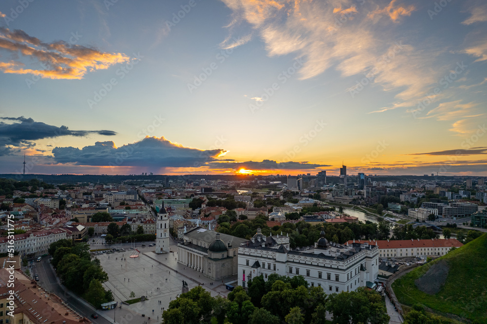 Aerial summer beautiful sunset view of Vilnius Old Town (Cathedral Square), Lithuania