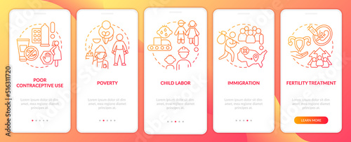 Causes of overpopulation red gradient onboarding mobile app screen. Reasons walkthrough 5 steps graphic instructions with linear concepts. UI, UX, GUI template. Myriad Pro-Bold, Regular fonts used