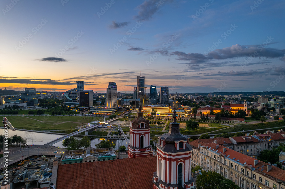 Aerial summer beautiful sunset view of Vilnius down town, Lithuania