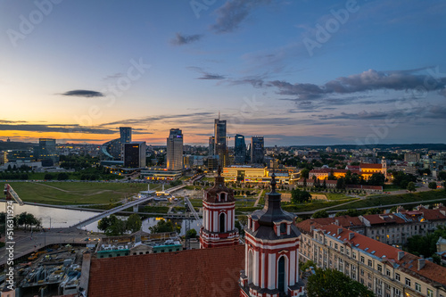 Aerial summer beautiful sunset view of Vilnius down town, Lithuania
