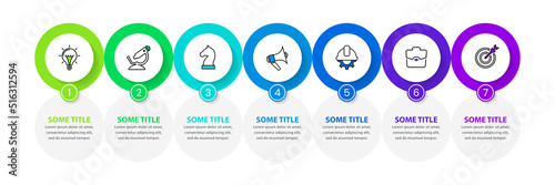 Infographic template. 7 circles with icons and text in a row