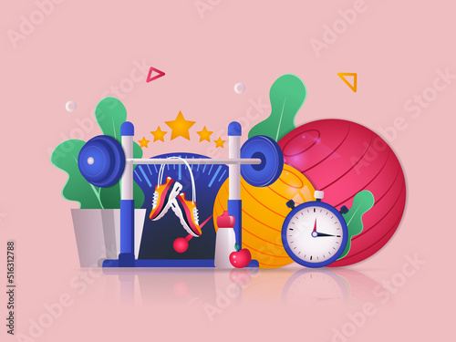 Fitness concept 3D illustration. Icon composition with sports equipment for gym trainings, barbell, balls, sneakers, stopwatch, sneakers and water bottle. Vector illustration for modern web design