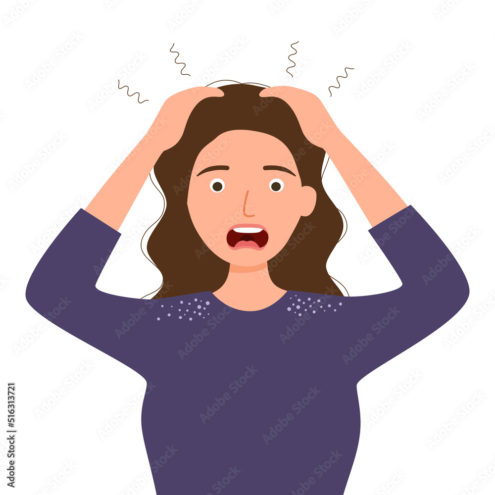Young woman scratching her itchy scalp on hair in flat design on white background. Dandruff problem. Young woman scratching her itchy scalp on hair in flat design on white background. Dandruff problem.