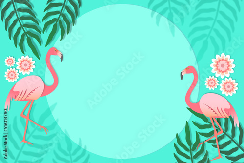 Tropical jungle rainforest and green palm leaves, Flamingo birds and pink flowers in summer season, Border frame, Decoration template for invitation greeting card, Banner poster for sale and product.