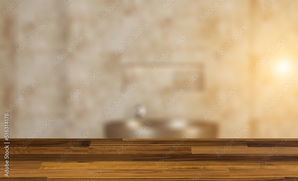 Modern bathroom including bath and sink. 3D rendering.. Sunset.. Background with empty wooden table. Flooring. Modern bathroom including bath and sink. 3D rendering.. Sunset.. Background with empty wooden table. Flooring.