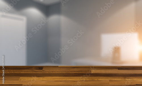 Modern office Cabinet. 3D rendering. Meeting room. Sunset.. Background with empty wooden table. Flooring.