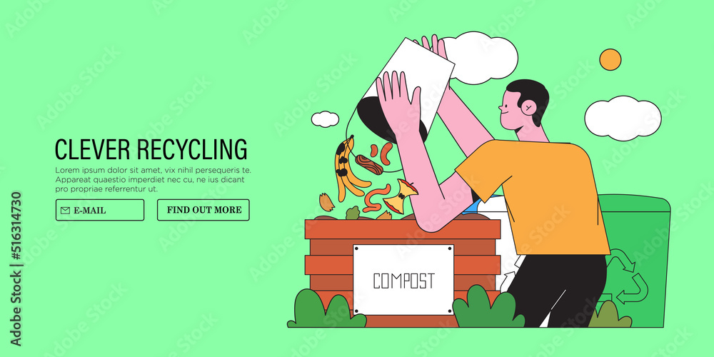 Man or male character make compost pile. Person create and maintain compost bin. Organic waste for domestic composting. Character do garbage collection, sorting and waste recycling banner, poster.