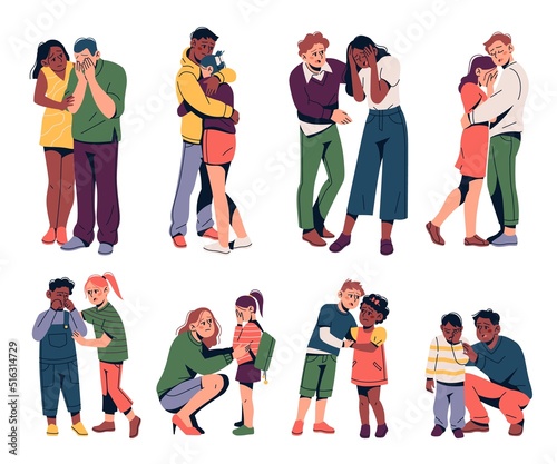 Kids support. Crying children and parental reassurance, moral friendly help, comforters with sad people, encouraging hugs, talk about problems, parenthood tidy vector cartoon flat style set