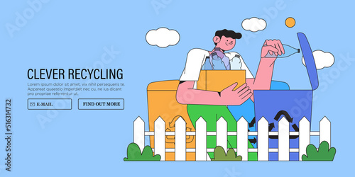 Man put plastic in trash bin, dumpster or container. Character do garbage collection, sorting and waste recycling. Cartoon vector illustration of people for posters, app, web landing page. Ecology.