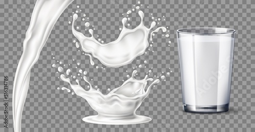 Milk splash glass. Realistic white yoghurt drops, jet and splashes, transparent full cup with drink, milkshake and kefir, fresh dairy product, isolated 3d objects, utter vector set