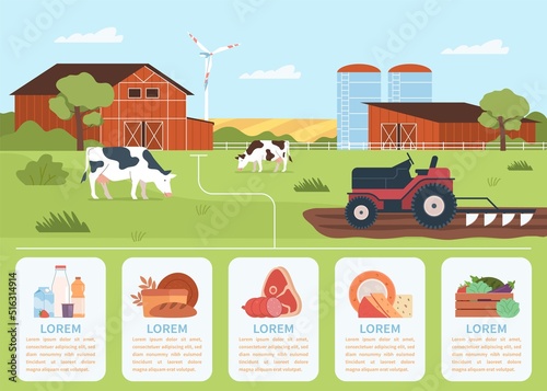 Natural production infographic. Farm manufacturing poster, agricultural industry, fresh healthy dairy, meat and milk, vegetable food, countryside landscape, nowaday vector cartoon flat concept