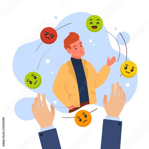 Personal qualities, self awareness, positive and negative emotions. Control of impulses and reactions of mental activity, emotional intellect, man in different mood, vector flat style concept